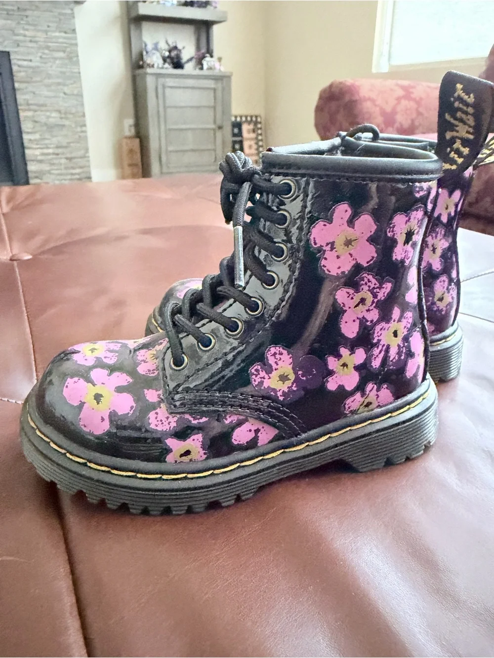 Dr. Martens Kids Black Lace-Up Boots with Pink Floral Print